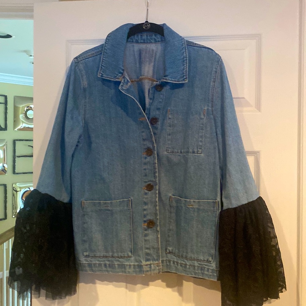 One of a kind!  Custom made denim jackets with lace sleeves.